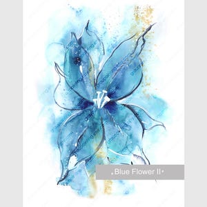 Acquerello di fiori blu, piante acquerellate a mano, dipinto originale, quadro floreale su carta, piccola opera d'arte contemporanea, pezzo unico