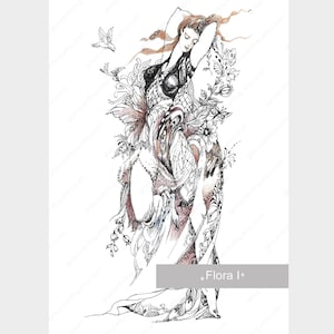 Disegno di flora, schizzo originale a inchiostro, originale disegnato a mano, Art Nouveau, dipinto di figura su carta, belle arti, pezzo unico, decorazione moderna per la stanza