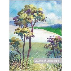 Alberi estivi ad acquerello, dipinto a mano originale, paesaggio su carta, piccola opera d'arte, pezzo unico, decorazione per soggiorno, foresta estiva
