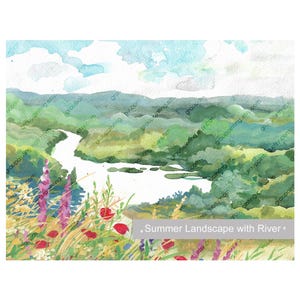 Sommerlandschaft mit Fluss, handgemaltes Original Landschaftsbild auf Papier, Aquarell Malerei, Unikat, Schlafzimmer Deko