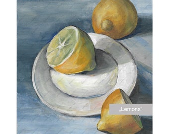 Zitronen Bild, Obst Gemälde auf Leinwand, Acrylbild, Wohnzimmer Dekor, Mini Bild, Handgemaltes Kleines Deko, Küche Dekor