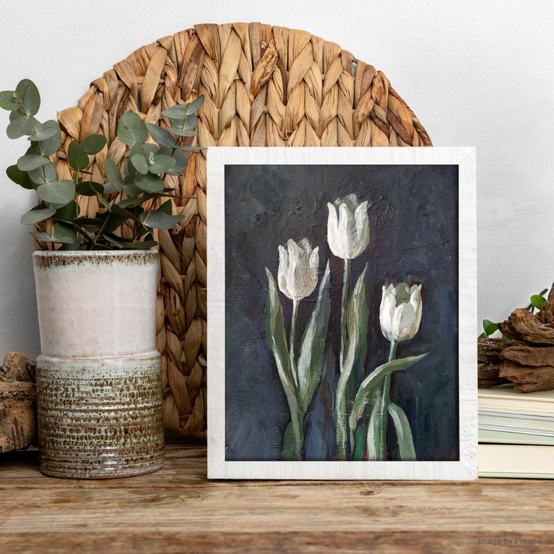 Gemälde Weiße Tulpen, Blumengemälde auf Leinwand, Acryl-Wandkunst, Wohnzimmerdekoration, Mini-Blumenbild, handgemaltes kleines Deko Bild 6