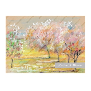Disegno di un frutteto in fiore, schizzo originale a mano, dipinto di paesaggio su carta, acquerello, opera d'arte, pezzo unico, decorazione per la stanza in stile pastello