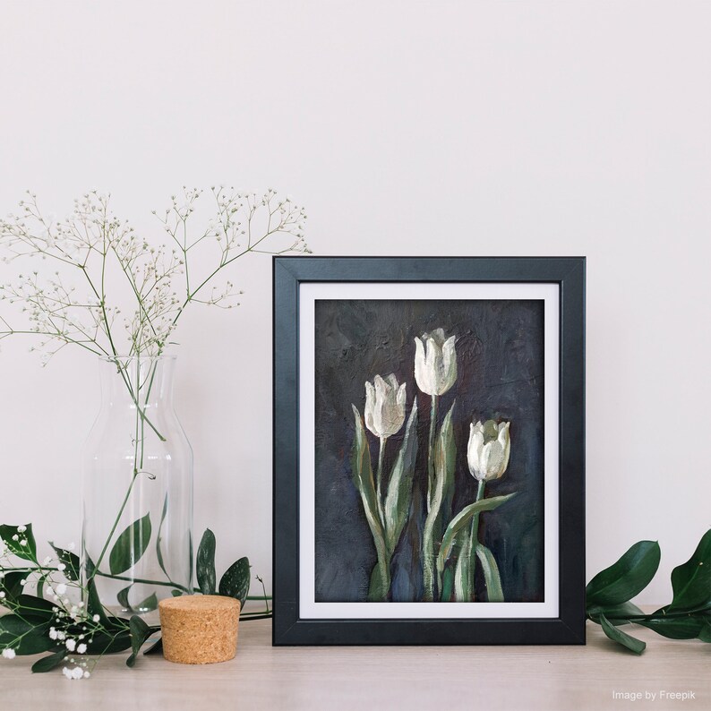 Gemälde Weiße Tulpen, Blumengemälde auf Leinwand, Acryl-Wandkunst, Wohnzimmerdekoration, Mini-Blumenbild, handgemaltes kleines Deko Bild 2