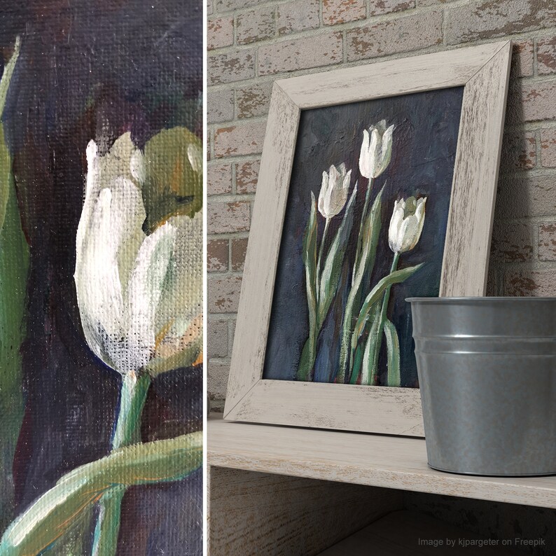 Gemälde Weiße Tulpen, Blumengemälde auf Leinwand, Acryl-Wandkunst, Wohnzimmerdekoration, Mini-Blumenbild, handgemaltes kleines Deko Bild 4