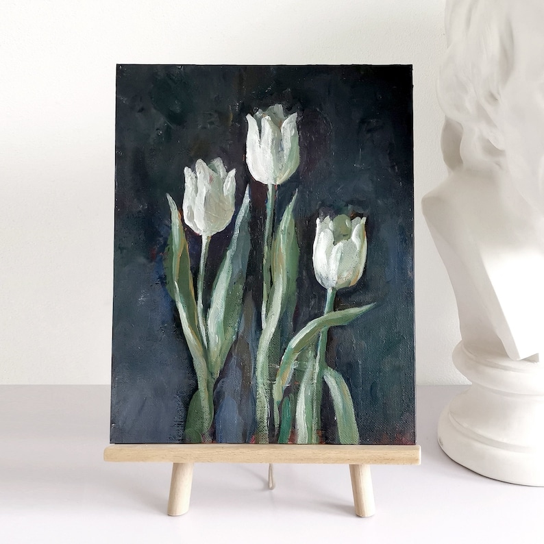 Painting White Tulips, Flower Painting on Canvas, Acrylic Wall Art, Living Room Decor , Mini Floral Picture, Hand Painted Small Deco image 1