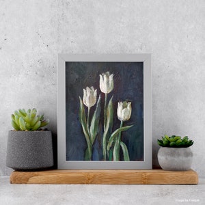 Gemälde Weiße Tulpen, Blumengemälde auf Leinwand, Acryl-Wandkunst, Wohnzimmerdekoration, Mini-Blumenbild, handgemaltes kleines Deko Bild 5
