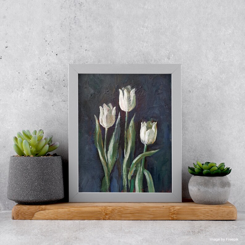 Gemälde Weiße Tulpen, Blumengemälde auf Leinwand, Acryl-Wandkunst, Wohnzimmerdekoration, Mini-Blumenbild, handgemaltes kleines Deko Bild 5