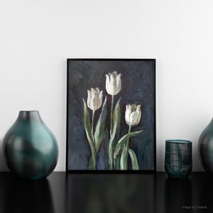 Gemälde Weiße Tulpen, Blumengemälde auf Leinwand, Acryl-Wandkunst, Wohnzimmerdekoration, Mini-Blumenbild, handgemaltes kleines Deko Bild 7