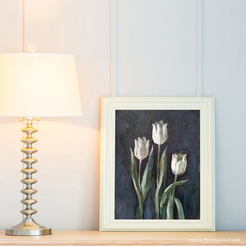 Gemälde Weiße Tulpen, Blumengemälde auf Leinwand, Acryl-Wandkunst, Wohnzimmerdekoration, Mini-Blumenbild, handgemaltes kleines Deko Bild 3