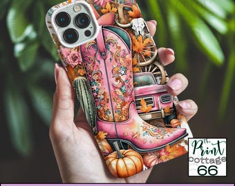Phone Case Cowgirl Design, Western Pumpkin Fall PNG, Phone Sublimation PNG, Vintage Truck PNG, Pink Girly Mug Design. Digital Download.