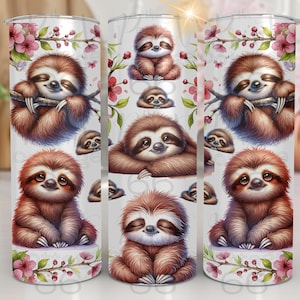 May include: A white tumbler with a repeating pattern of pink flowers and cute cartoon sloths. The sloths are in various poses, including sleeping, sitting, and holding onto branches.