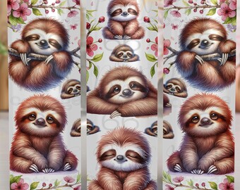 Baby Sloths Tumbler Wrap, Cute Little Sloths and Cherry Blossom PNG, 20oz Skinny Tumbler Sublimation Design, Animal Lover Digital Download.