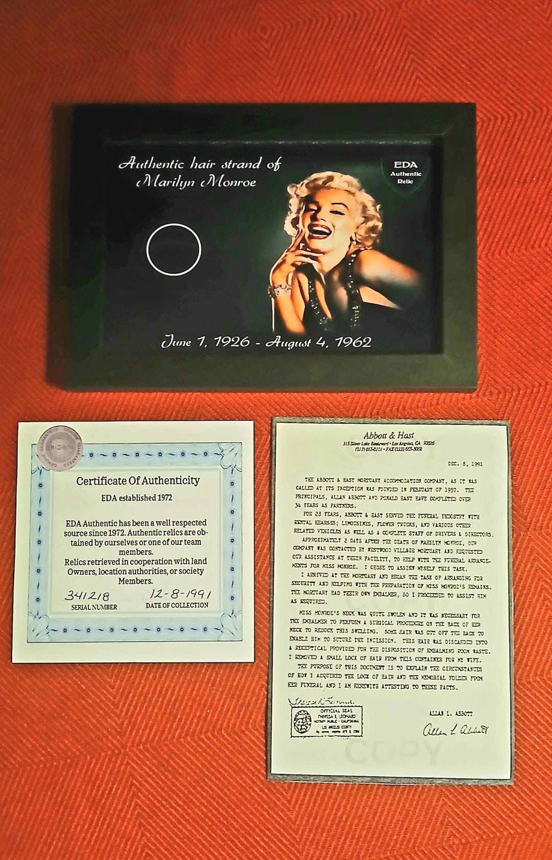 Authentic Marilyn Monroe Hair Strand Relic (1991 Collection) (COA