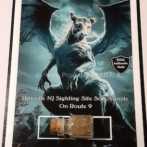 May include: Framed artwork featuring a depiction of the Jersey Devil, a mythical creature with bat-like wings. The artwork includes a small glass vial containing soil, labeled as a sample from the Bayville, NJ sighting site.