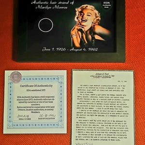 Authentic Marilyn Monroe Hair Strand Relic Rare Collectible W/ COA Certificate Of Authenticity And Copy Of Original Provenance/Certificate