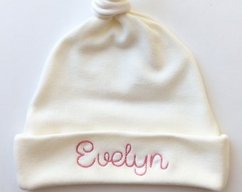 Embroidered Monogrammed Baby Hat: Personalized Newborn Knot Cap