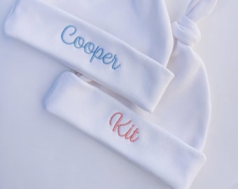 Two White Knotted Baby Hats: Personalized Embroidered Newborn Name Hat