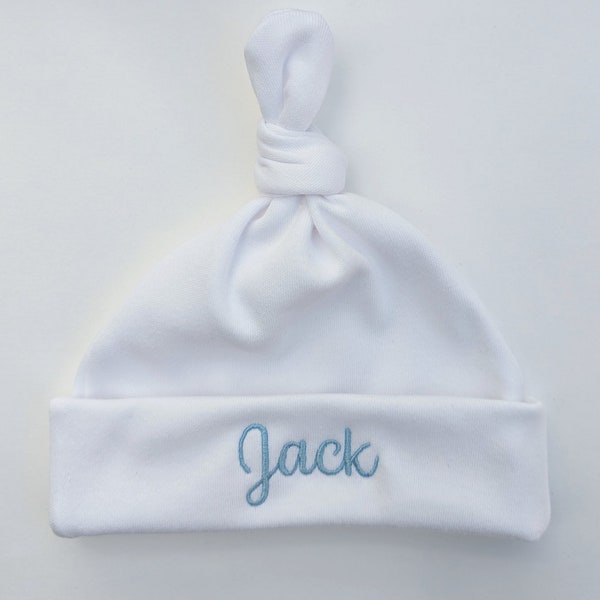 White Knotted or Cap Personalized Embroidered Monogrammed Baby Hat; Newborn Name Hat; Newborn Hospital Hat; Baby Shower Gift