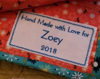 Custom Personalized Embroidered Quilt Label or Quilt Block Made to Order