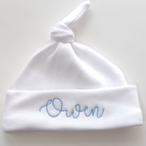 White Knotted Personalized Embroidered Monogrammed Baby Hat; Newborn Name Hat; Newborn Hospital Hat; Baby Shower Gift
