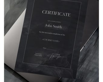 Customizable elegant vertical black certificate design, minimalist graphite style digital template. PDF download