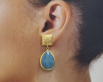 Jade Stone /  Handmade Earrings / Fashion Jewelry / 14K Gold Plated / One of A Kind / Handmade Custom Earrings