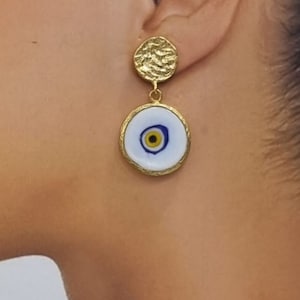 Ceramic Evil Eye /  Handmade Earrings / Fashion Jewelry / 14K Gold Plated / One of A Kind / Handmade Custom Earrings