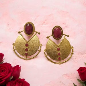 Handmade Brass Earrings ,18K Gold Plated, Dangle Earrings, Gift for her,Statement Jewelry.Birthday gift,Ruby stone,