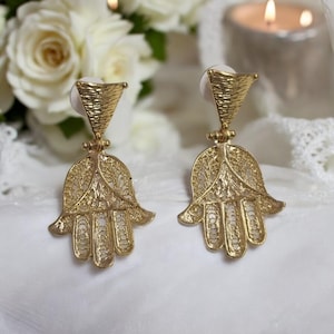 Hamsa-oorbellen, vergulde oorbellen, vintage oorbellen, edelsteenoorbellen, Turkse oorbellen, valentijnscadeau voor haar, kunstmodel,