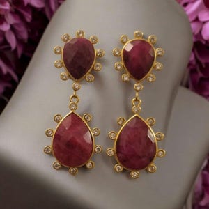 Handmade Brass Earrings ,18K Gold Plated, Dangle Earrings, Gift for her,Statement Jewelry.Birthday gift,Ruby stone,