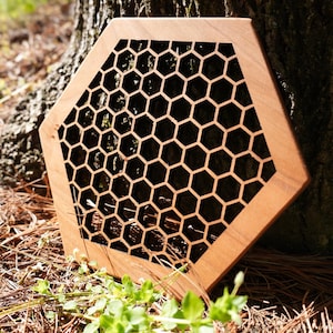 May include: A hexagonal wooden decorative piece with a honeycomb pattern. The frame is light brown, and the interior features a dark, open design. The item is placed outdoors near a tree.