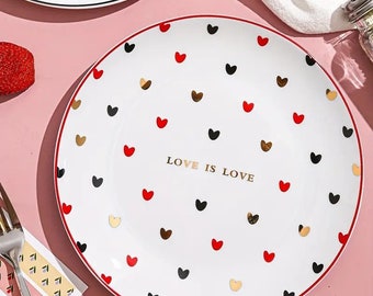 Love is Love Ceramic Dinner Plate with Hearts Pattern