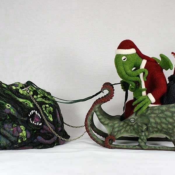 Needle Felted Santa Cthulhu with Shoggoth and Octi-Sleigh