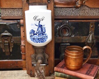 Vintage Wall Mount Blue White Ceramic Glass Coffee grinder Cast Iron As-Is PeDe Dutch Windmill Cafe' 22L15E10S