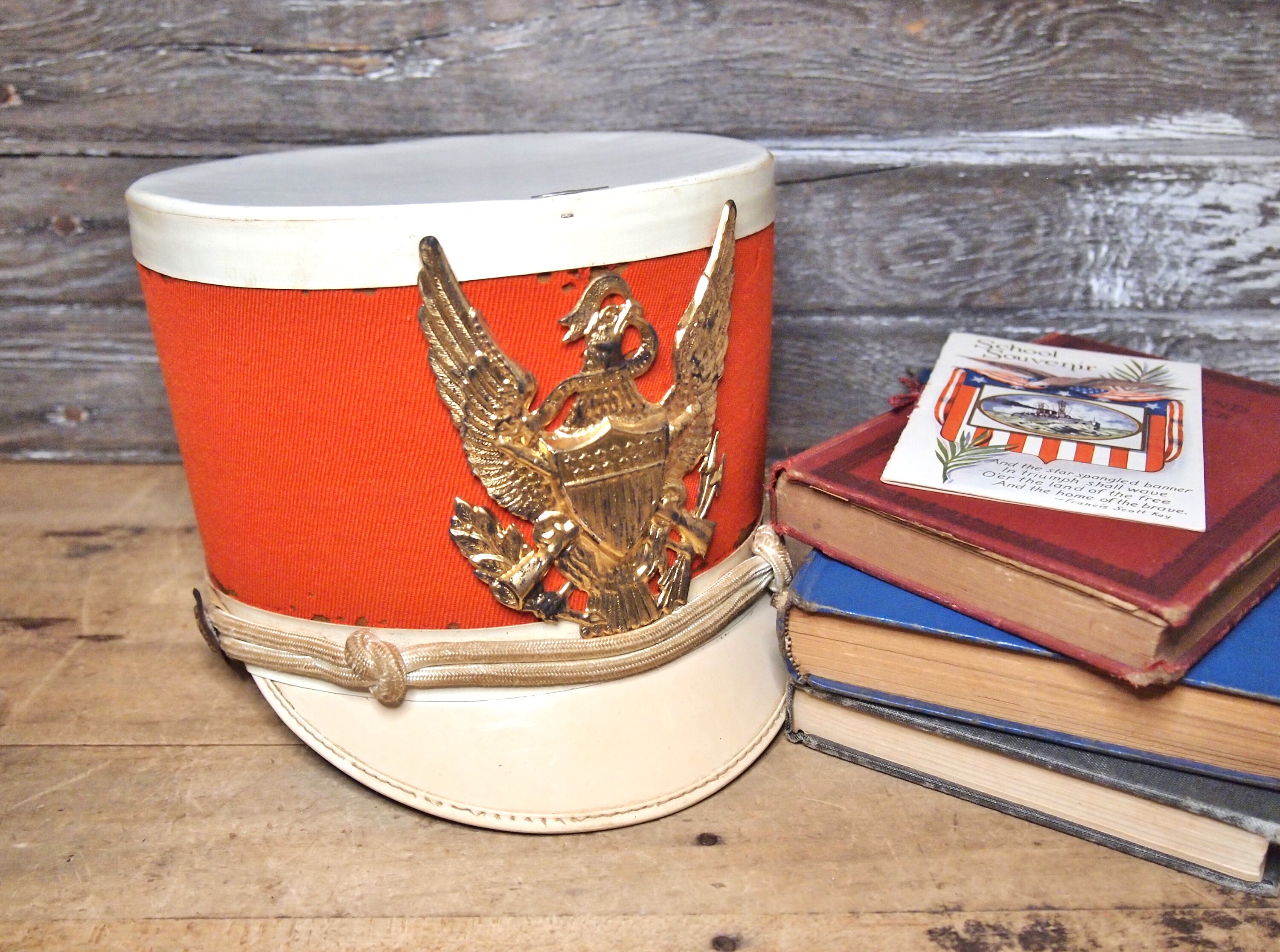 Vintage Marching Band Uniform Hat Red White Gold Eagle Emblem Etsy