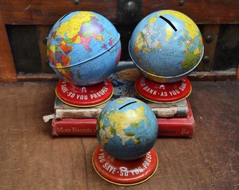 Lot of 3 vintage Ohio Art Bank Globe vintage Bank Savings Map Toy  ds