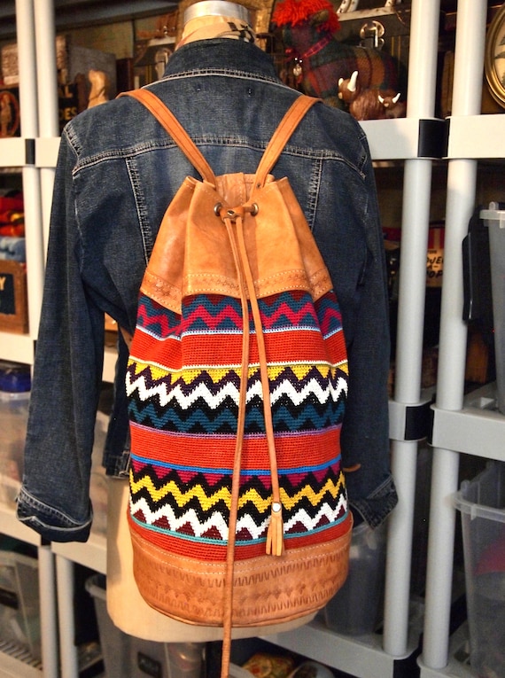 Leather Large Drawstring Backpack  Kilim Tapestry… - image 1