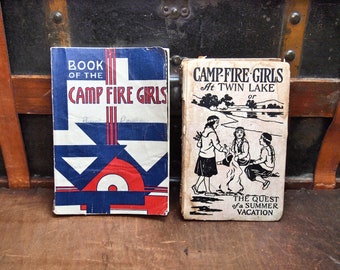 Set of 2 Vintage Camp Fire Girls Books  Book of the Camp Fire Girls retro graphics red white blue and Twin Lake Summer Vacation