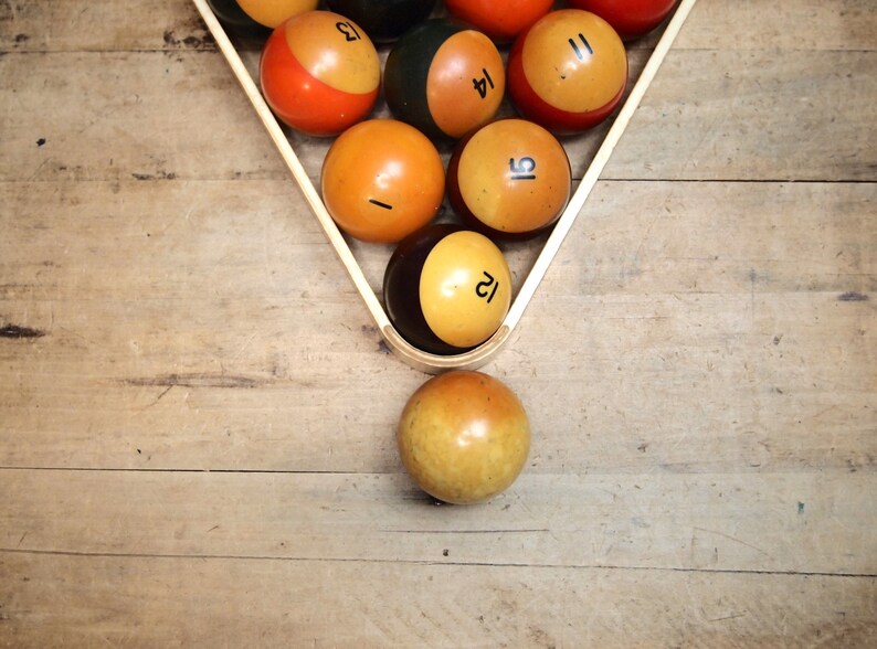 Nice Set of vintage pool or billiard balls with frame Full Size Bakelite 21L18E01S image 3