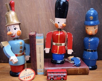 Set of 3 British Wooden  Police Bobby Coin Bank Nodder Bobble Head  Made in France  Toy As-Is  England 22L10E09S