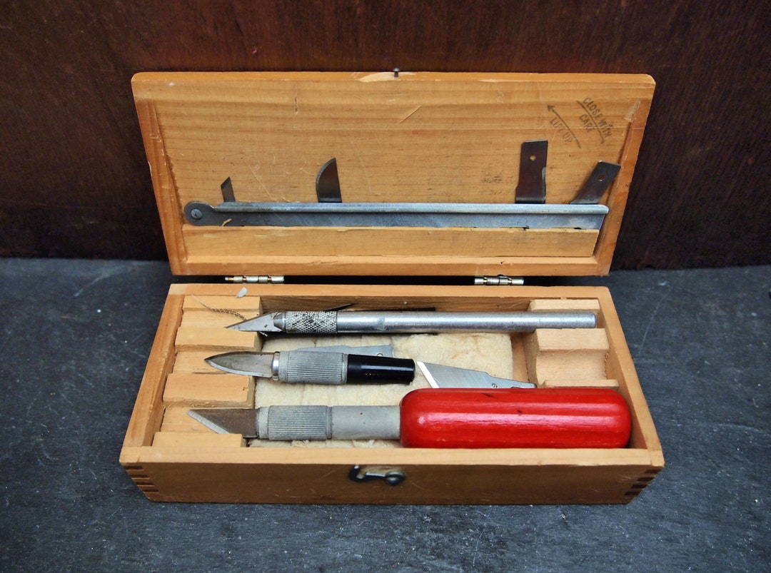 X-acto Hobby Knife Set, Wooden Box, 3 X-acto Handles, 3 Boxes of