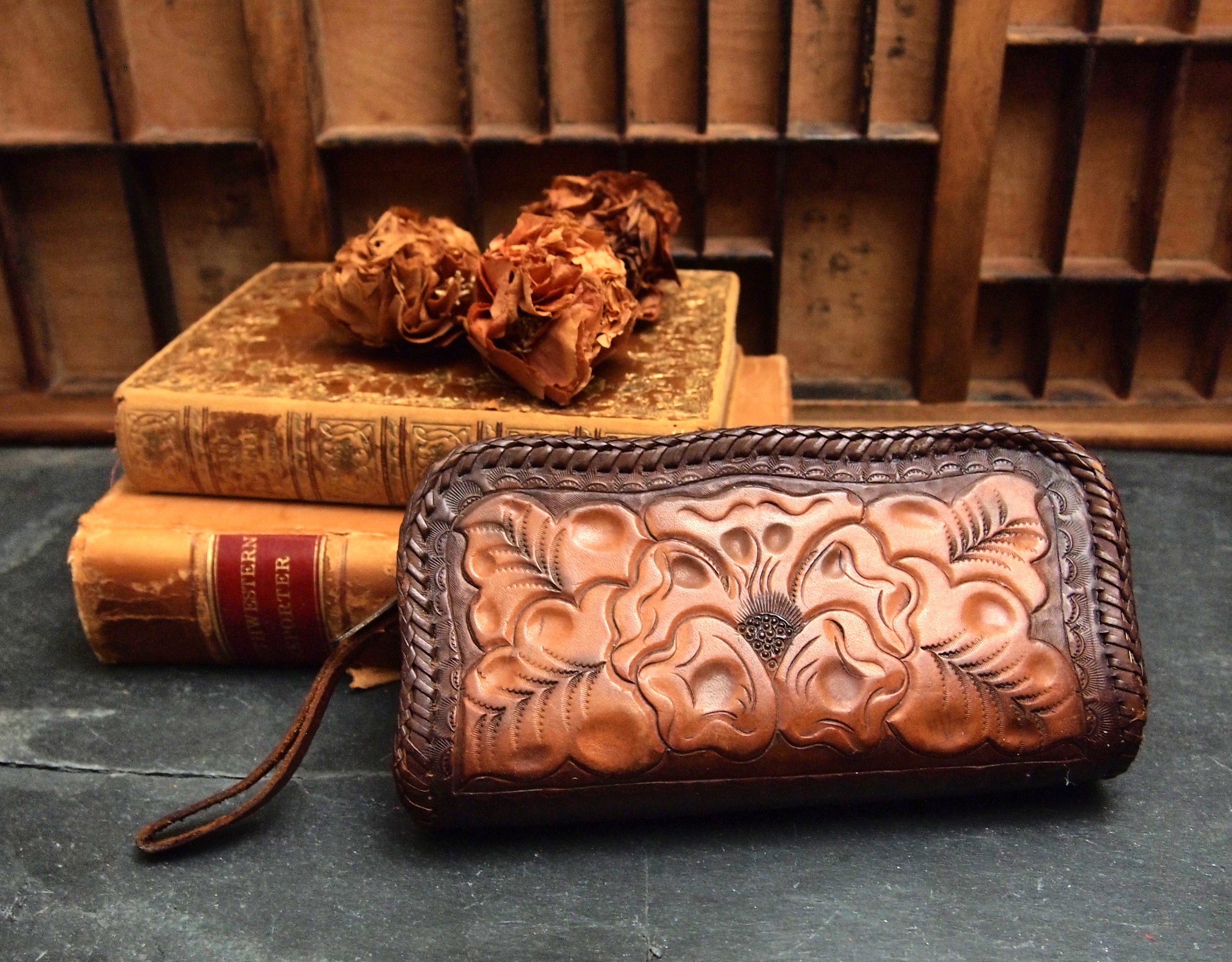 Vandiver Hand Tooled Leather Clutch - Caramel Brown