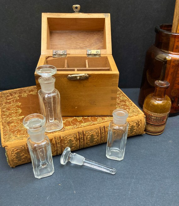 Set of Apothecary Jars Bottles in Wood Case With Glass Etsy