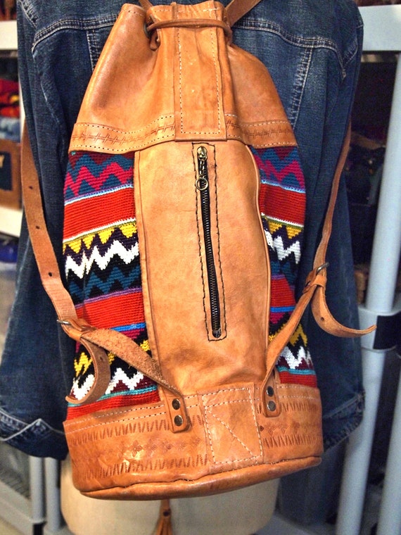 Leather Large Drawstring Backpack  Kilim Tapestry… - image 4