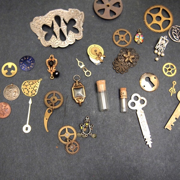 Steampunk supply kit Clock works destash gears keys escutcheon bottles clock parts watch parts junk drawer lot DIY chatelaine DS