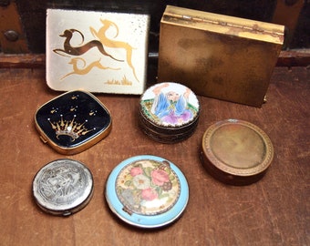 Lot of  Vintage Powder Compact Crown Black Floral Blue Brass You get all Hidden compartments Mirror Cigarette Box Gazelle Enamel 22L05G09S