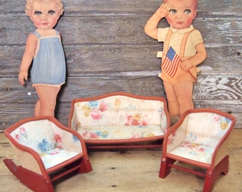 Set of 3 pieces of Antique Vintage doll house furniture couch rocking chair and other chair floral    t20L02E06S