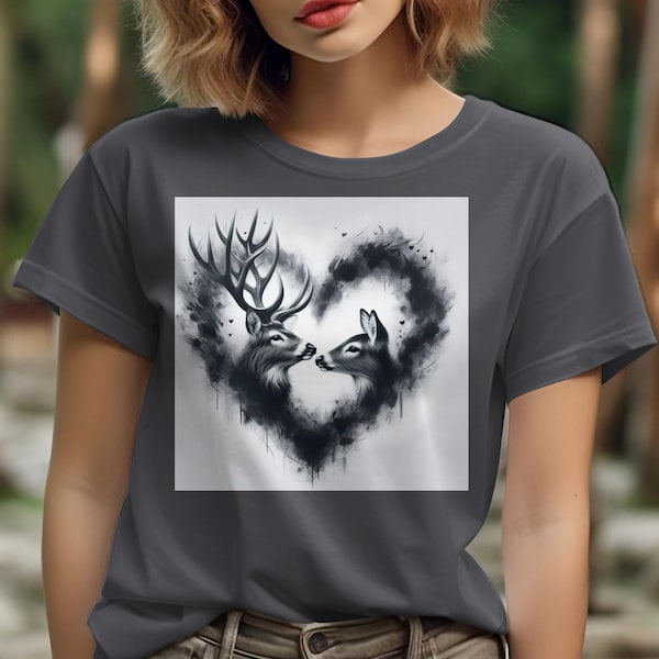 Romantic Deer Heart Design T-Shirt, Artistic Printed Graphic Tee for Women, Fashionable Wildlife Apparel