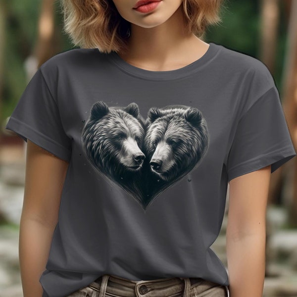 Women's Heart-Shaped Bear Design T-Shirt, Romantic Animal Graphic Tee, Soft Cotton Casual Top